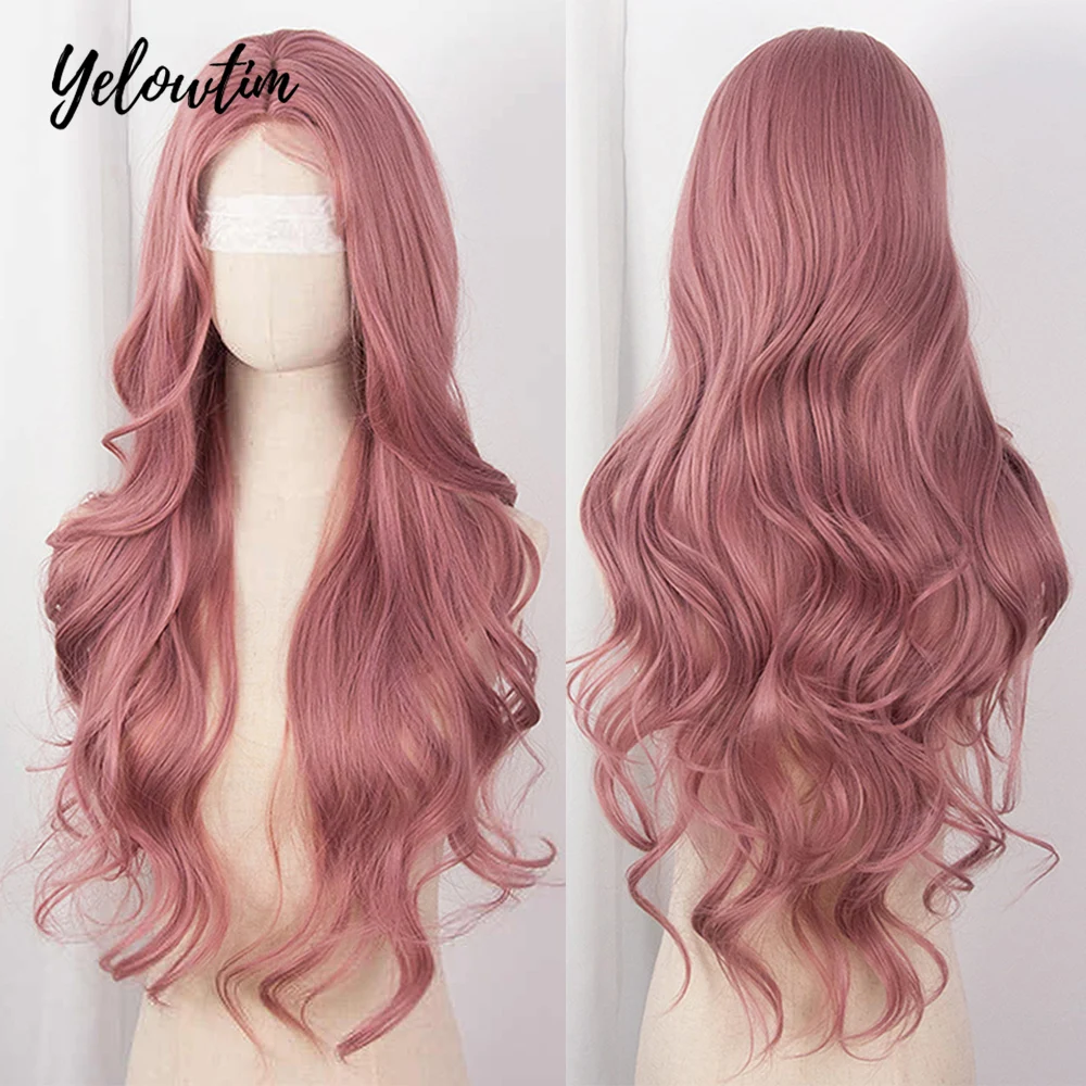 

Long Body Wave Ombre Purple Pink Cosplay Lace Front Wigs Heat Resistant Synthetic Wigs Middle Part Natural Lolita Wigs For Women