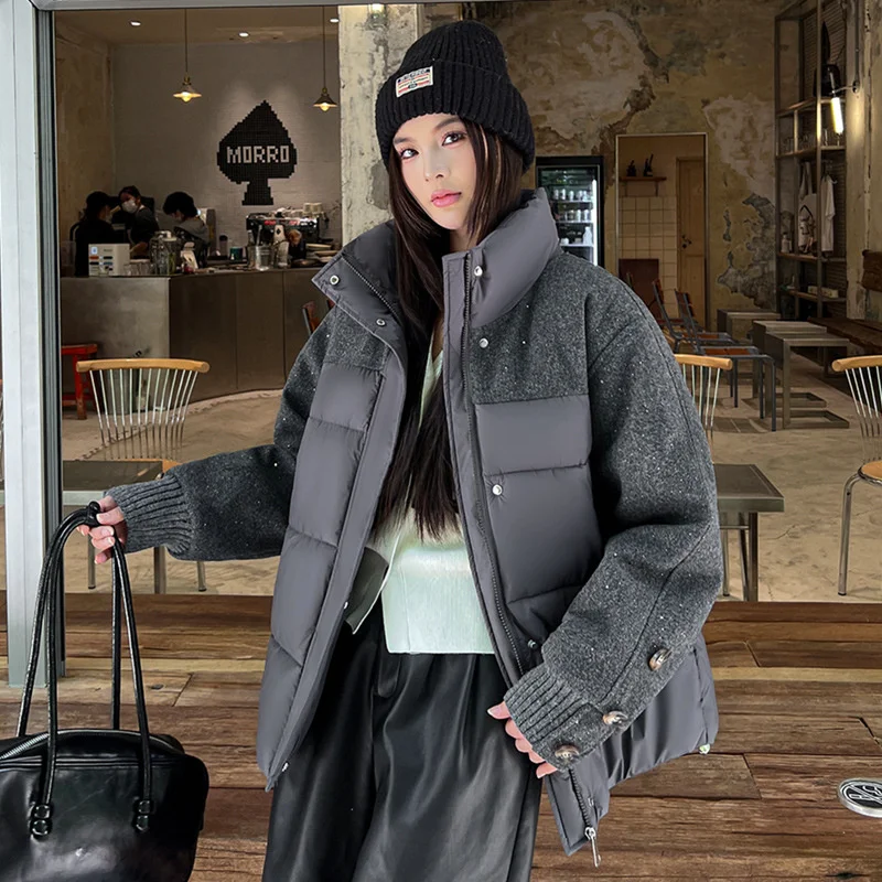

2025 Fashion Spliced Contrast Color Sequins Parkas Women's Winter Woolen Patchwork Cotton-padded Jackets Stand-up Collar Coats