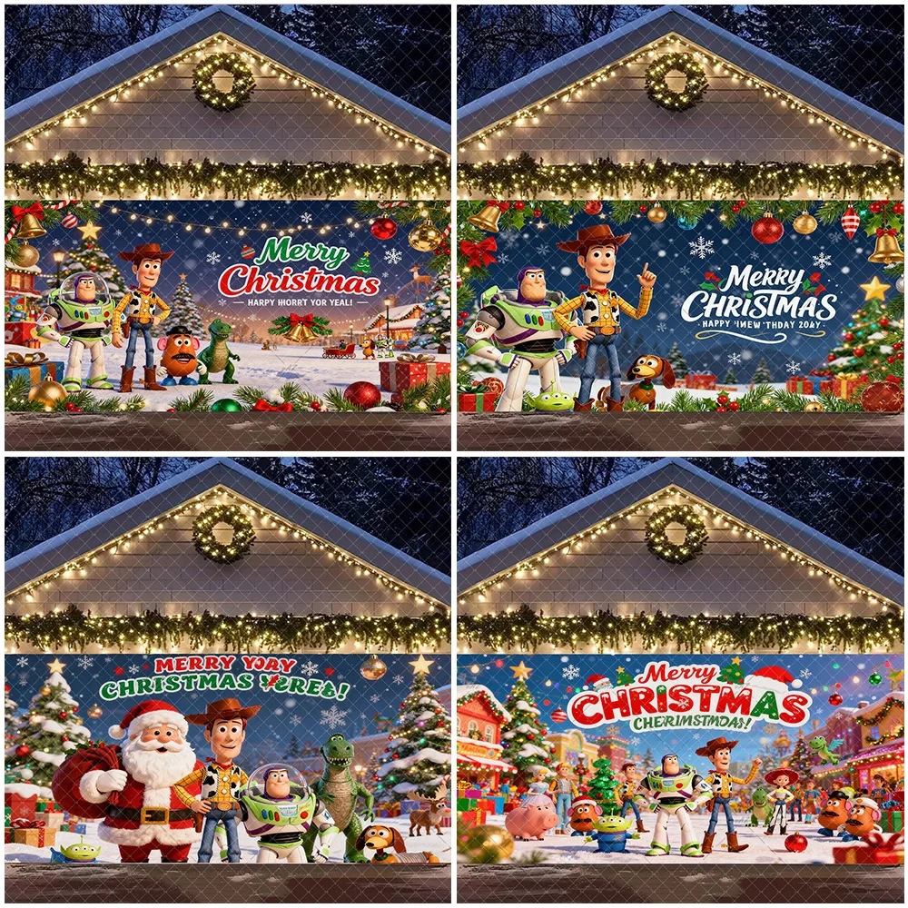 

Large Disney Toy Story Buzz Lightyear Woody Merry Christmas Garage Door Banner Cartoon Backdrop Party Decorations Family Props