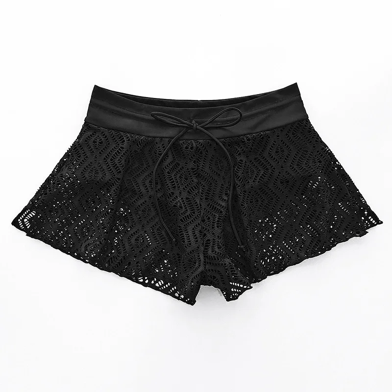 Pure Color Bikini Swimwear Lace Hollow Wide Leg Flower Pattern Beach Vacation Thermal Resort Women's Swimsuit  Panty