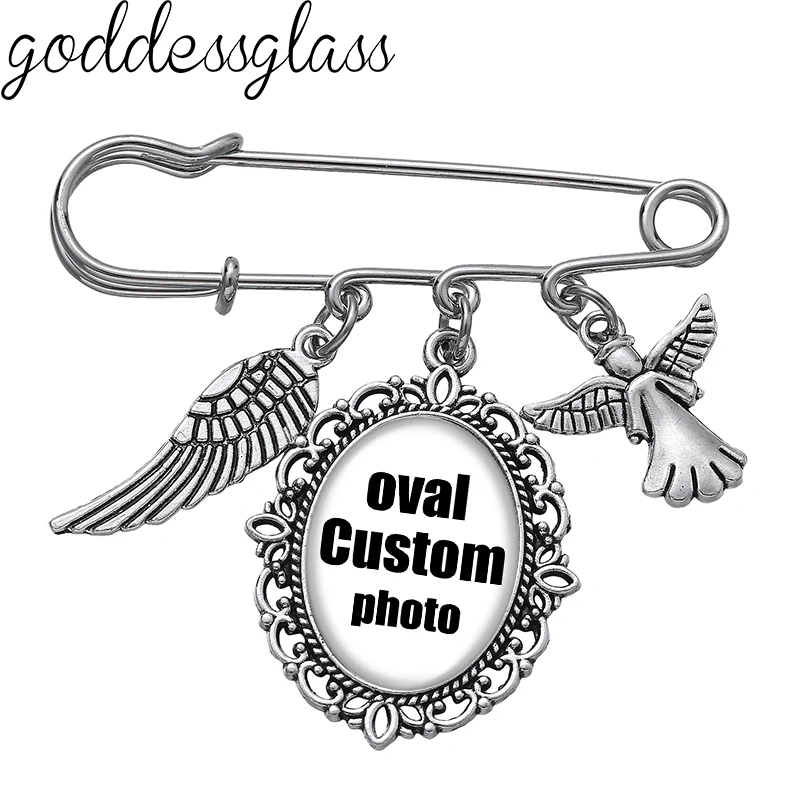 Personalize Custom Oval Brooch Guardian Wings Angel Charms Photo Wedding Family Anniversary Grandma Collar 18x25mm safety Pins