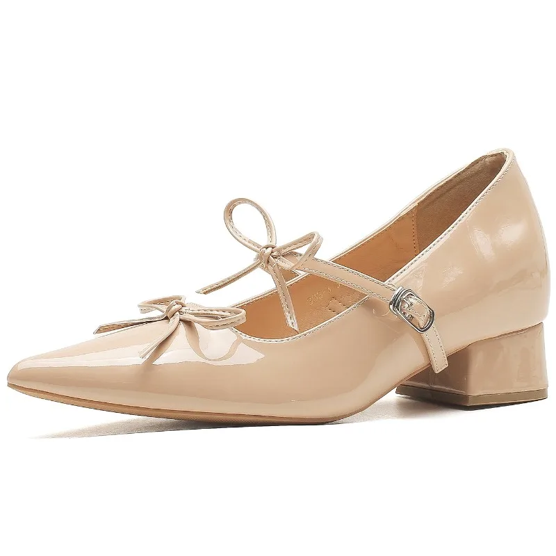 

Туфли Мэри Джейн из лакированной кожи с бантом на массивном каблуке, женские туфли-лодочки с острым носком, женская обувь с пряжкой, элегантные туфли на высоком каблуке, Zapatos De Mujer