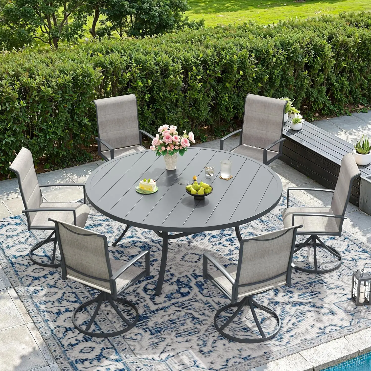 

7 Piece Outdoor Patio Dining Set for 6, 53" Round Metal Dining Table and Swivel Patio Chairs with Padded Textilene,, Customized