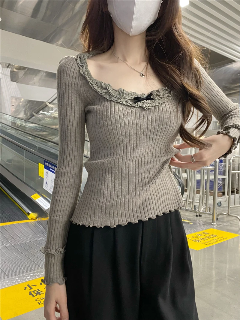 女性用長袖リブニットトップス,クルーネック,韓国プルオーバー,黒,白,リボン,ショート,グレーセーター,秋冬