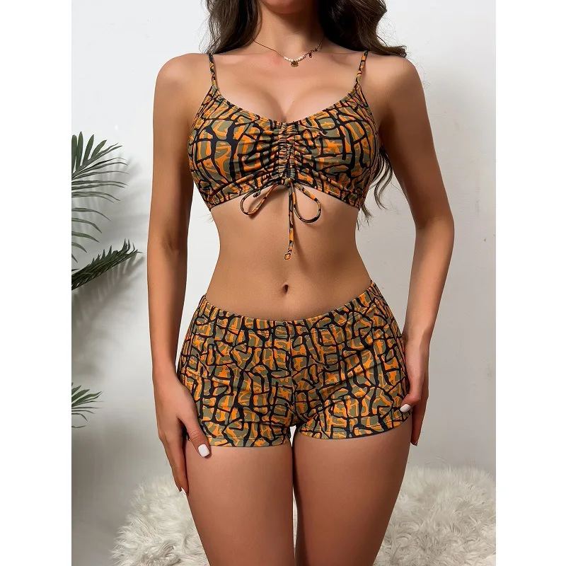 2025 Summer Women 3-Piece Swim Set Long Sleeve Cover Up & High Waist Bikini Sexy Corset Holiday Bikini Set Shorts Set Beachwear
