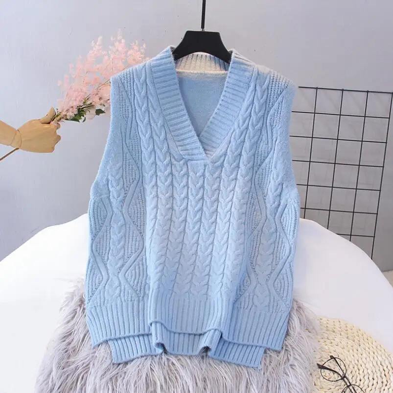 

Women Twist Pullover Sweater Vest 2022 Autumn Sping New Loose Net Blue V-neck Waistcoat Korean Ladies Wool Knitted Vest