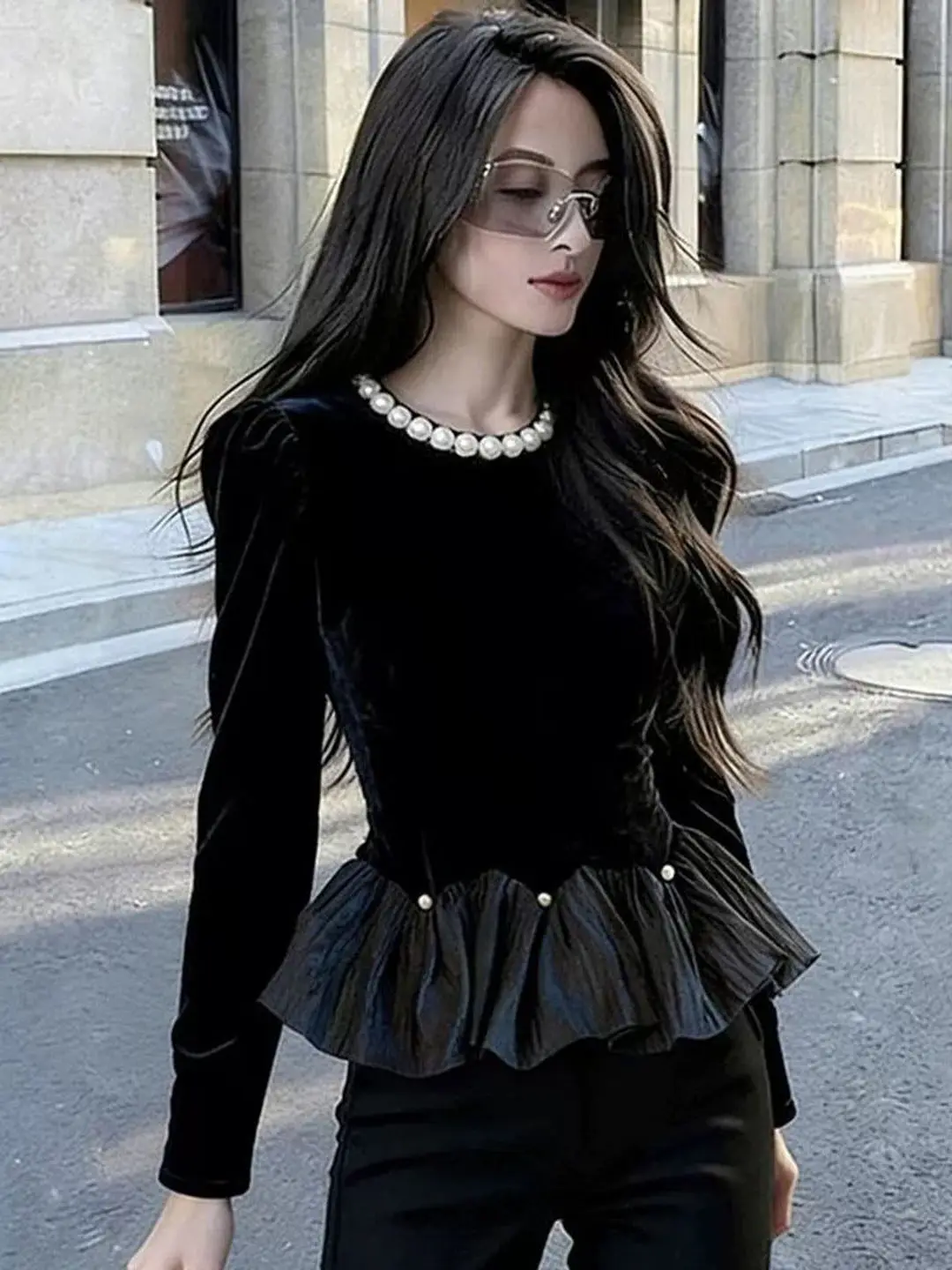 

Женская бархатная блузка с длинными рукавами, новинка весна-осень, с плиссированным подолом, приталенная, элегантный топ с цветовыми блоками и рукавами-фонариками