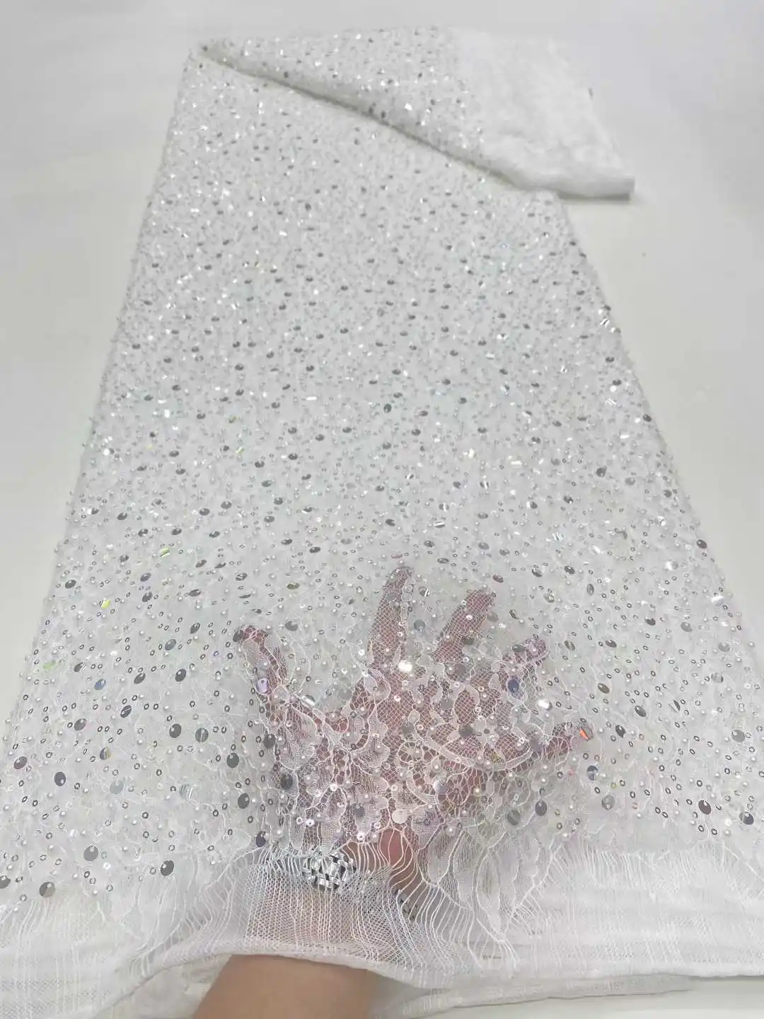 

Hot Sale Luxury African Beads Mesh Lace 2025 High Quality French Sequins Sewing Nigerian Embroidery Net Lace For Wedding Dress