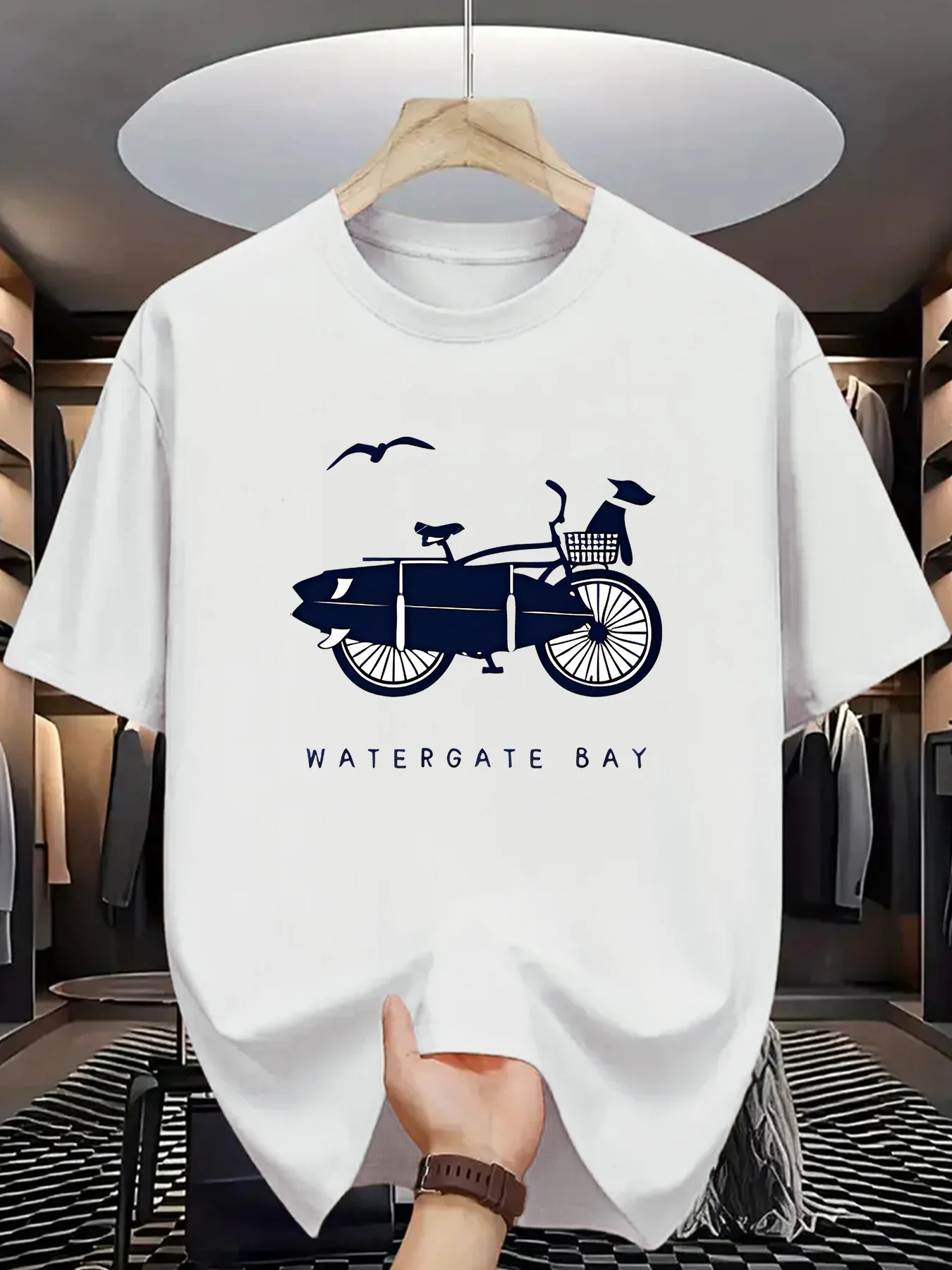 Watergate Bay Mens Crew Neck T Shirt Bicycle Surfboard Seagull Retro Coastal Graphic Short Sleeve Tee Casual Male Street Tops