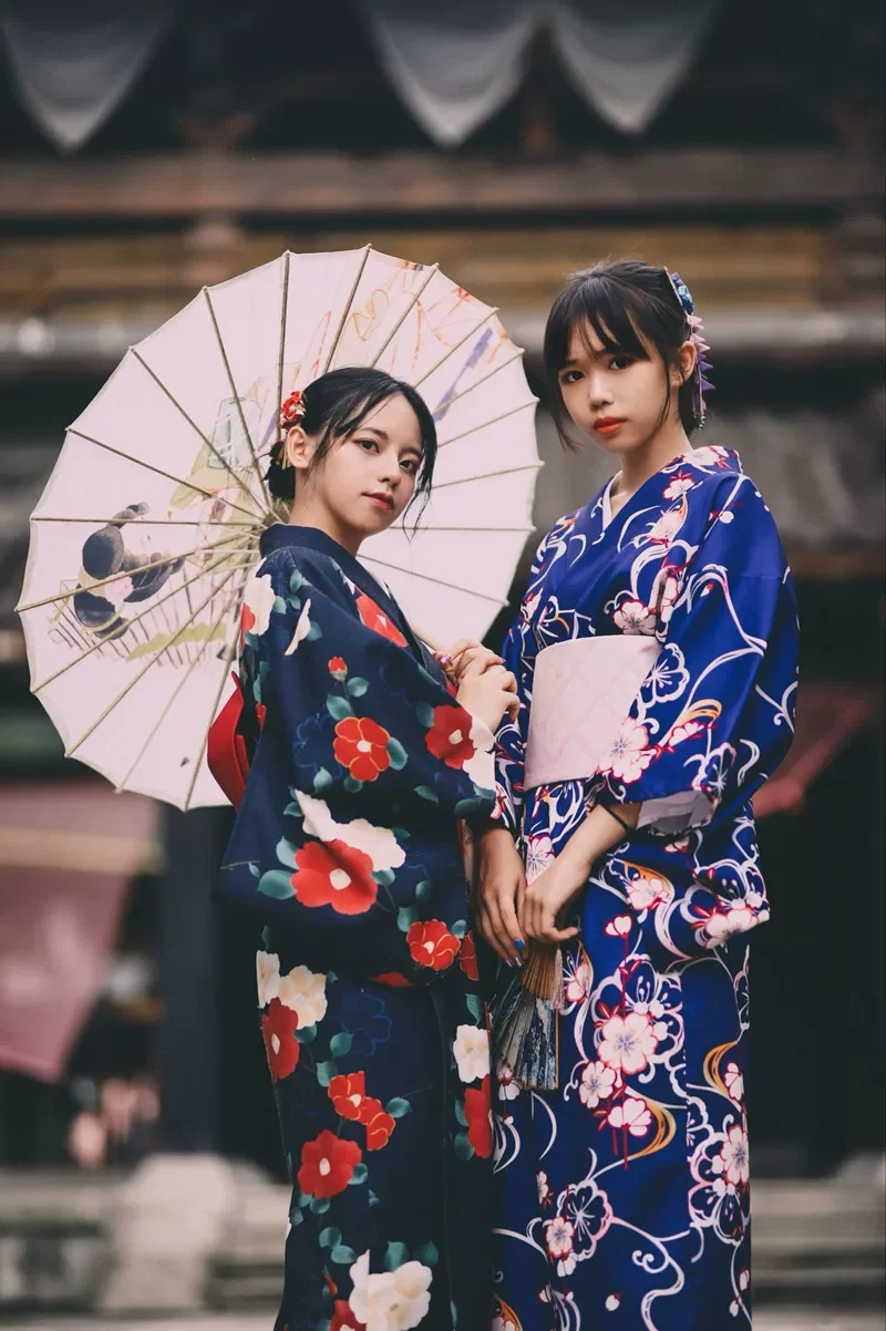 Women's Japanese Yukata Kimono  Blue Floral Polyester Fabric, Retro Travel Costume, Modernized Traditional Robe