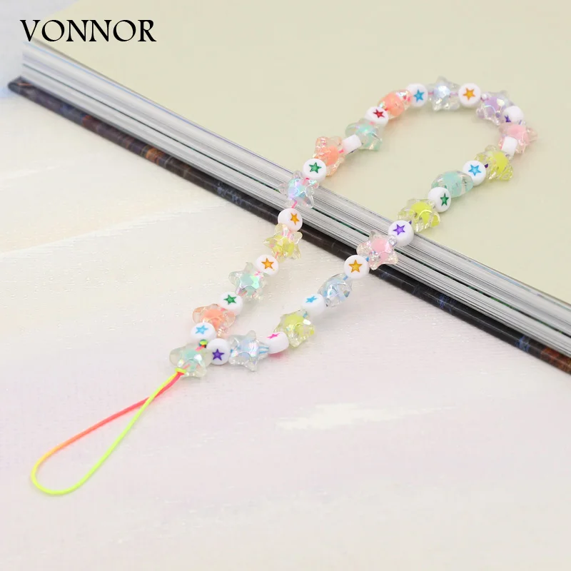 Women Jewelry Trendy Mobile Phone Chain Lovely Star Pearl Beads Chain Accessories Phone Lanyard Charm Strap Female Girls Gifts