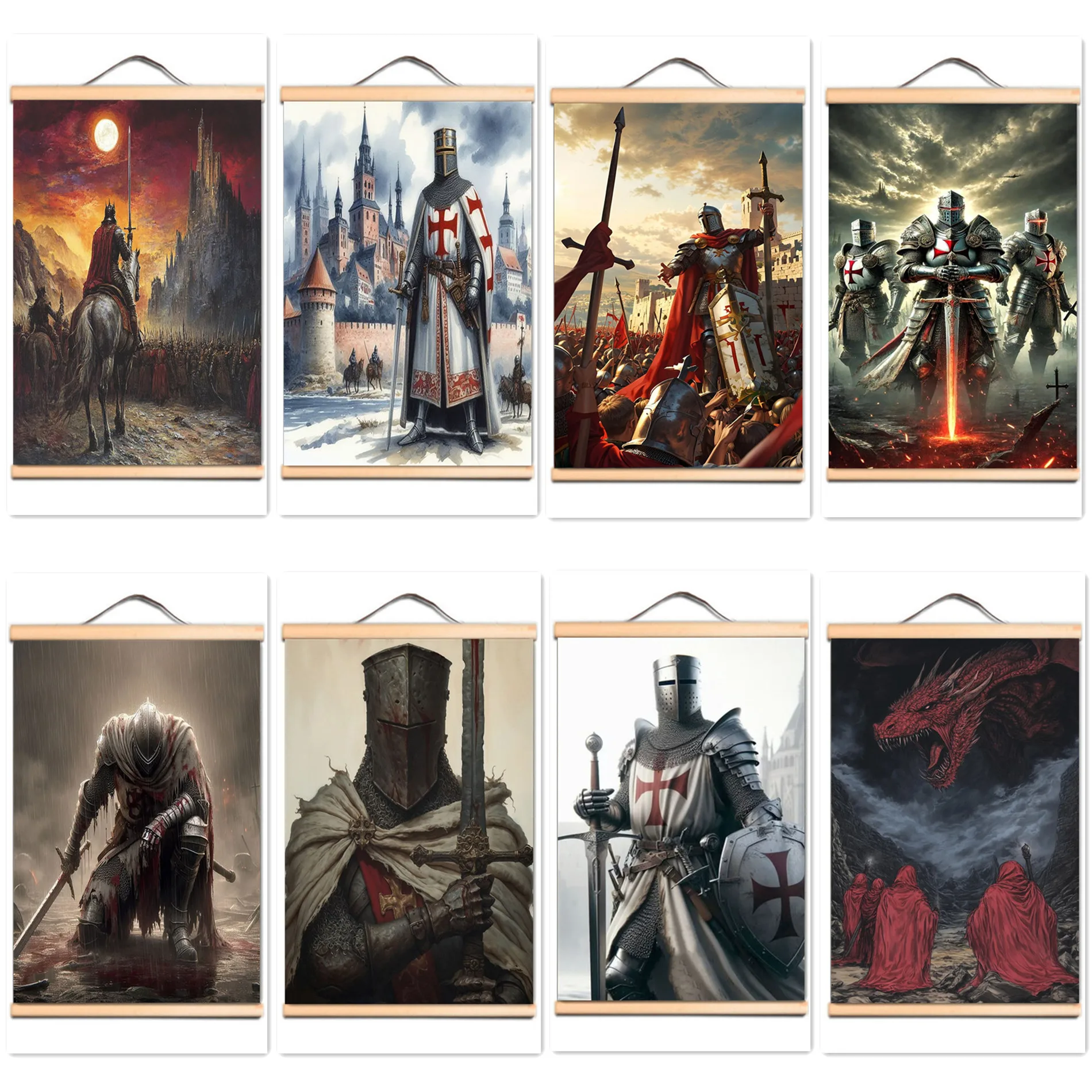 Medieval Crusader Warrior Wall Chart Room Office Wall Decor Mural - Knights Templar Poster Vintage Solid Wood Scroll Painting 9