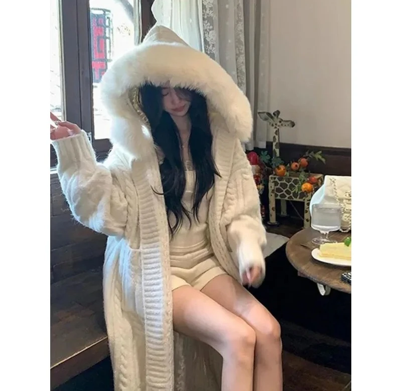 

Осенне-зимний свитер с капюшоном, женский кардиган, утепленная длинная куртка, женский свободный простой повседневный женский трикотаж