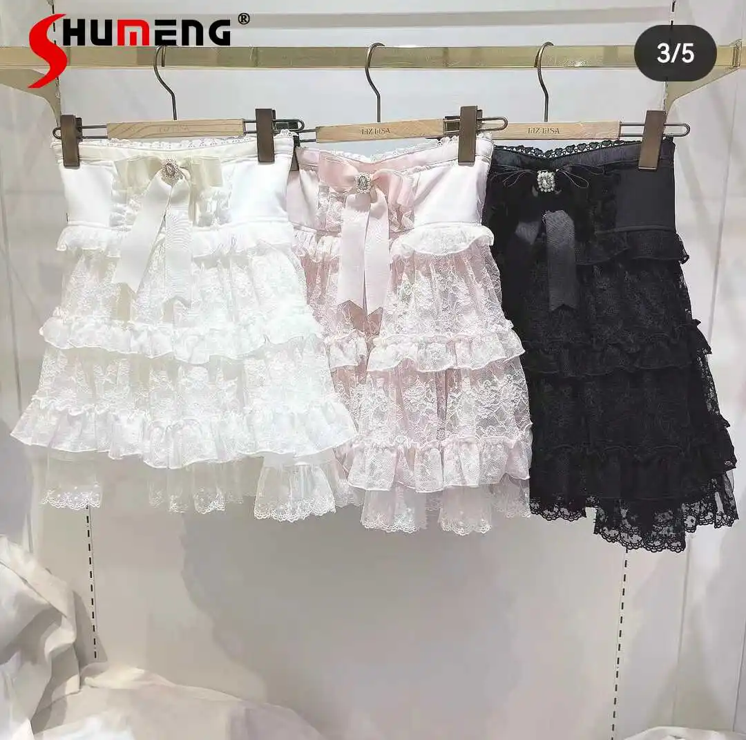 Summer Cute Girl Rhinestone Bow Mesh Lace Skirt 2024 New Japanese Style Sweet High Waist Cake Short Skirts for Women 3 Colors