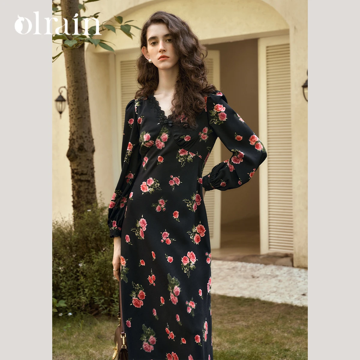 

OLrain Women's French Style Elegant Black Printed V-Neck Dress Autumn 2025 Temperament Commuter Puff Sleeve Dress O57QL93906