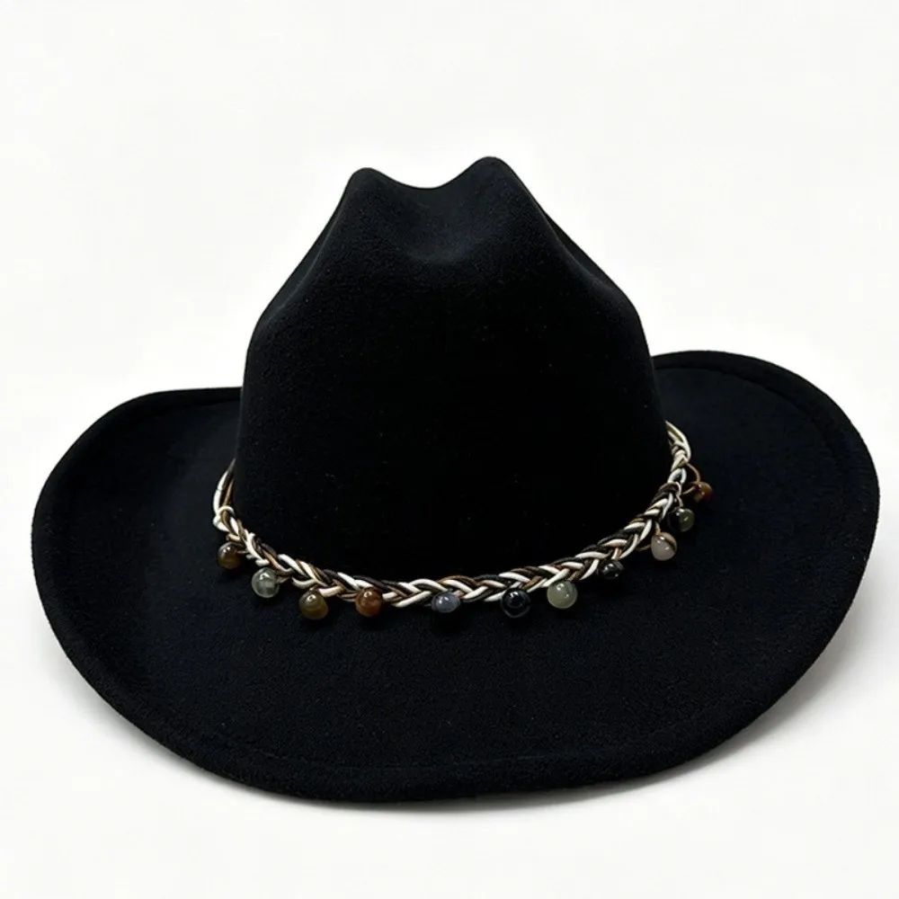 Felt Cowboy Hat Decorative Chain Band Vintage Western Style Western Hat Structured Crown Curved Brim Wide Brim Hat Travel Wear