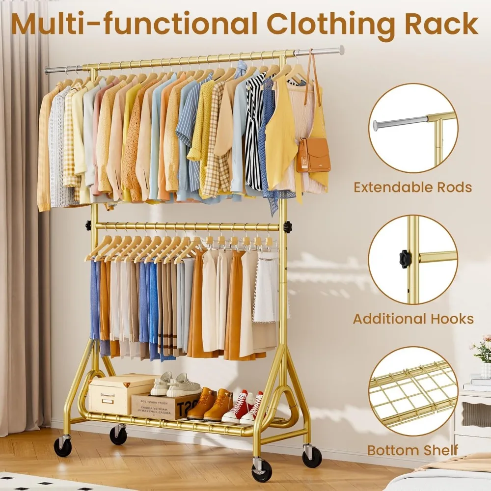 Double Rod Heavy Duty Rolling Metal Garment Rack with Lockable Wheels for Hanging Clothes, Durable Storage Solution
