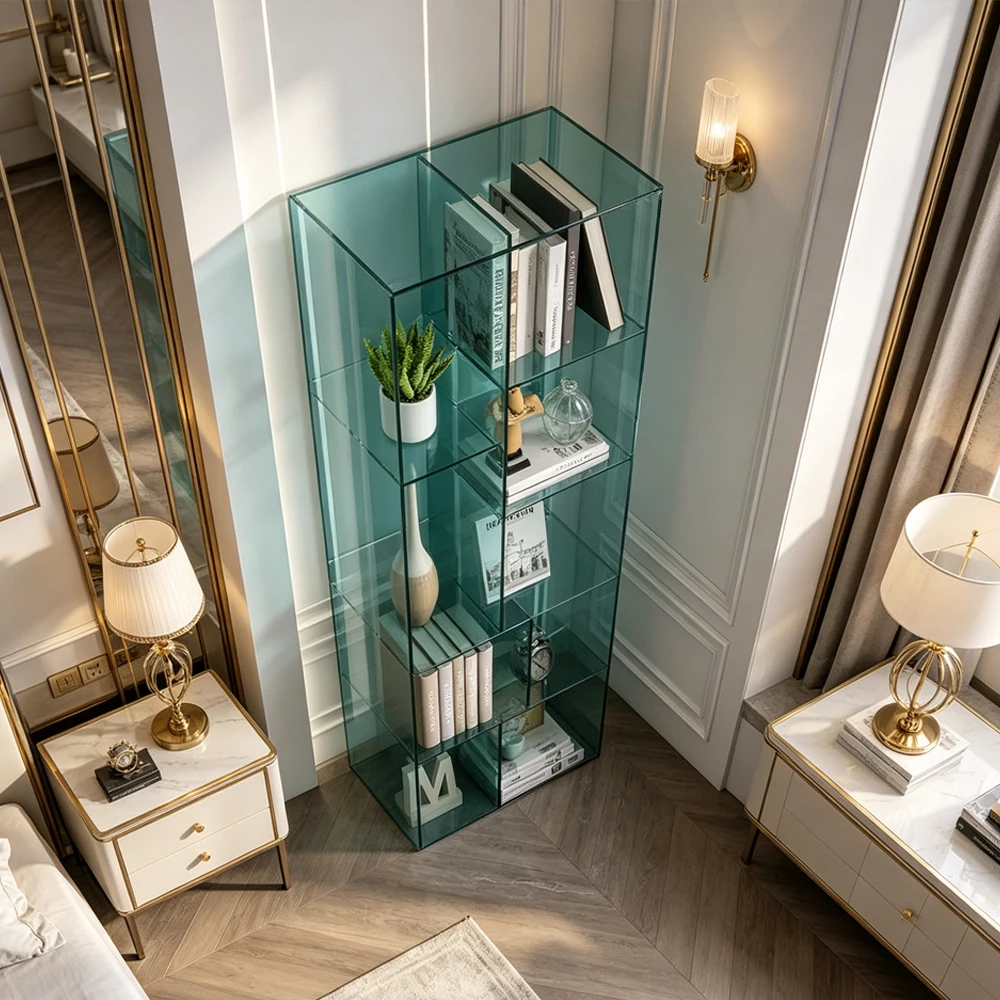 fv-Professional Sea Blue Acrylic Room Divider Shelf Transparent Office Partition Storage Rack for Coworking Space Bedroom
