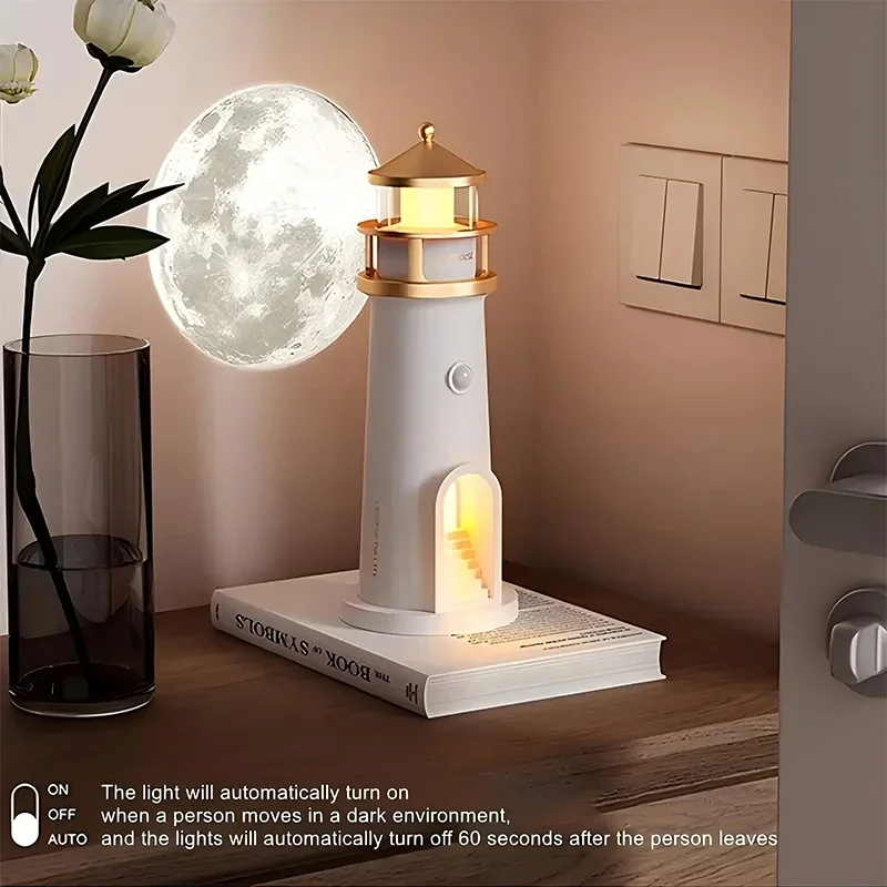 Art Deco Lighthouse Moon Projector, Rechargeable Induction LED Night Light, Living Room Fantasy Theme, Desktop Countertop Mount