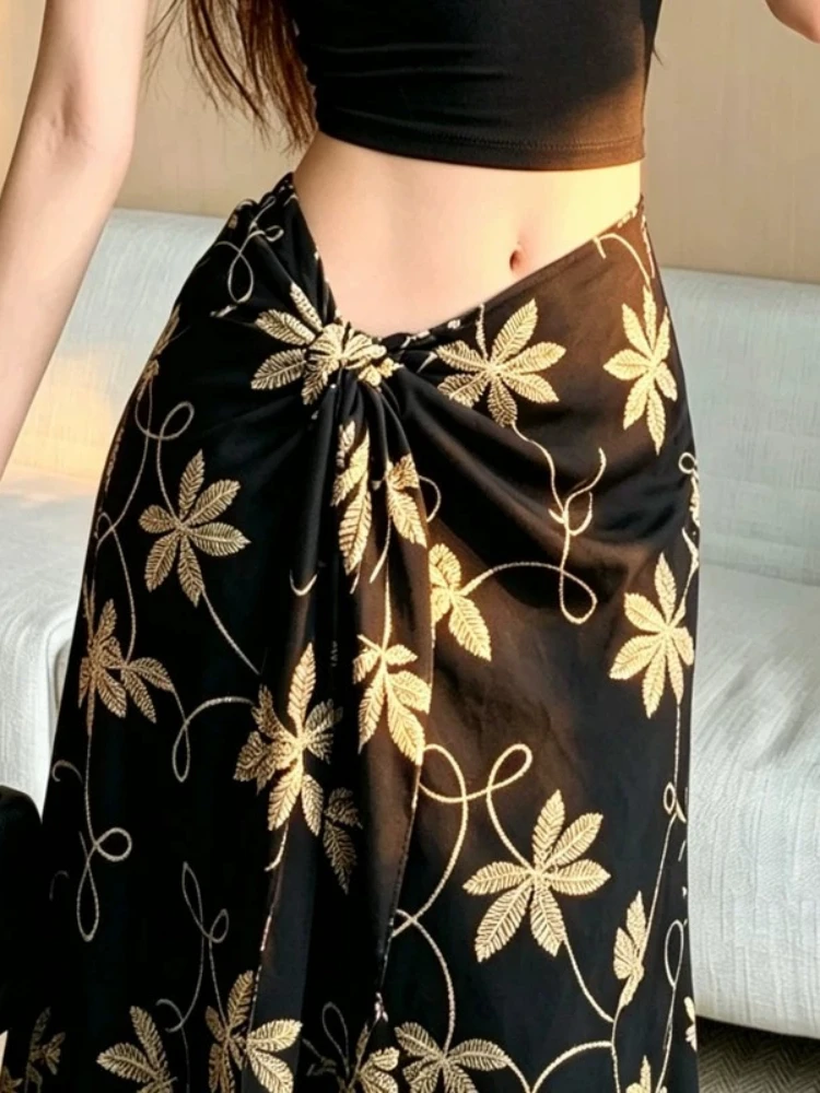 Dress Black Embroidery Women Summer Lightweight Designer Tie High Waist Long Versatile Draping Very Chic A Line Skirt Trendy