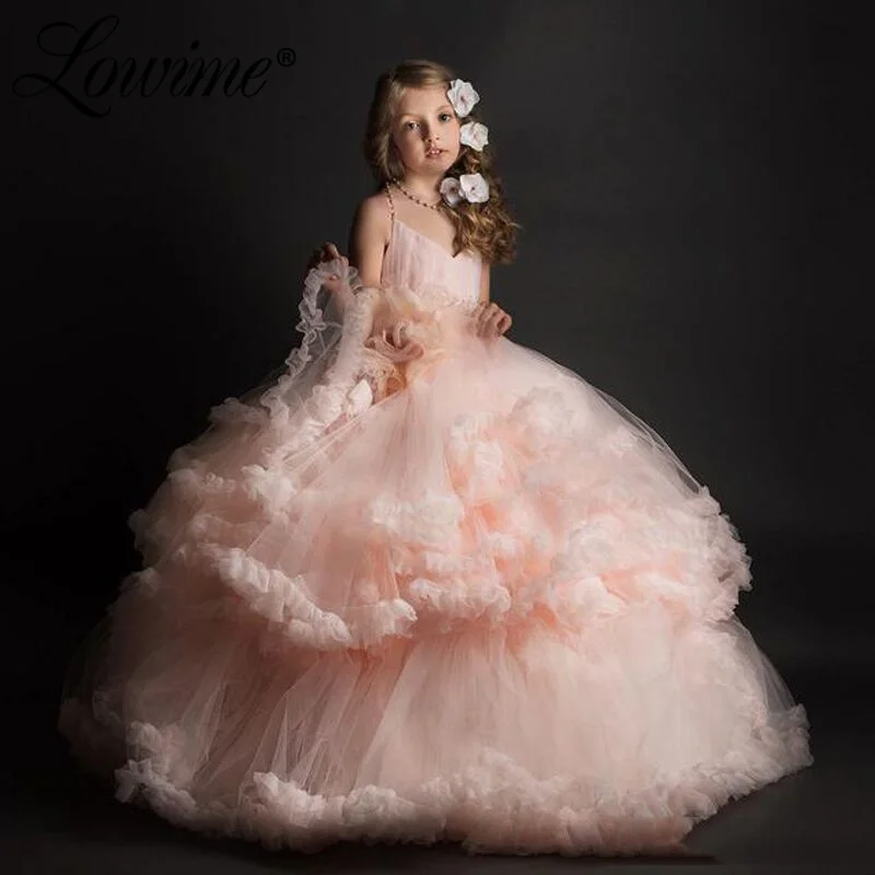 Princess Pink Flower Girl Dresses Custom Made Ball Gown Puffy Pageant Dresses For Girls Glitz Tiered Cloud Kids Prom Dresses