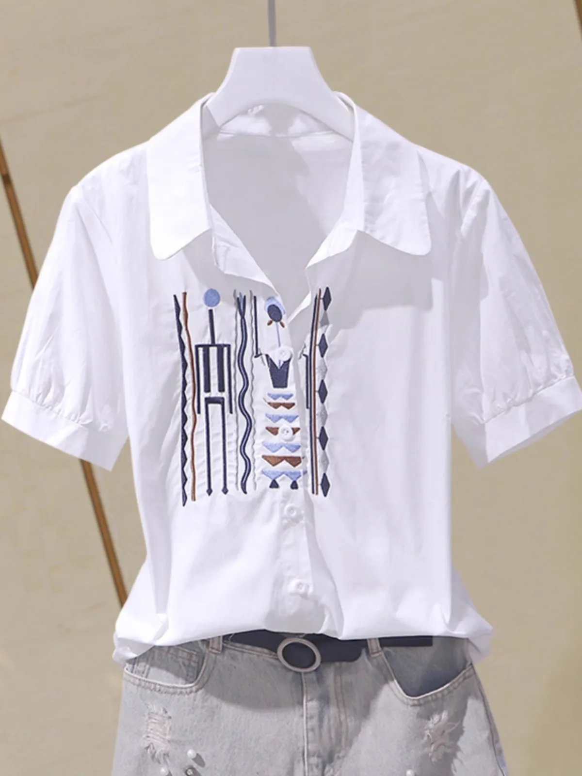 

Pure Cotton Short-Sleeved Shirt for Women, Artistic Retro Ethnic Style, Contrasting Color Embroidery, Slimming Shirt, Unique Design, Versatile Casual Top