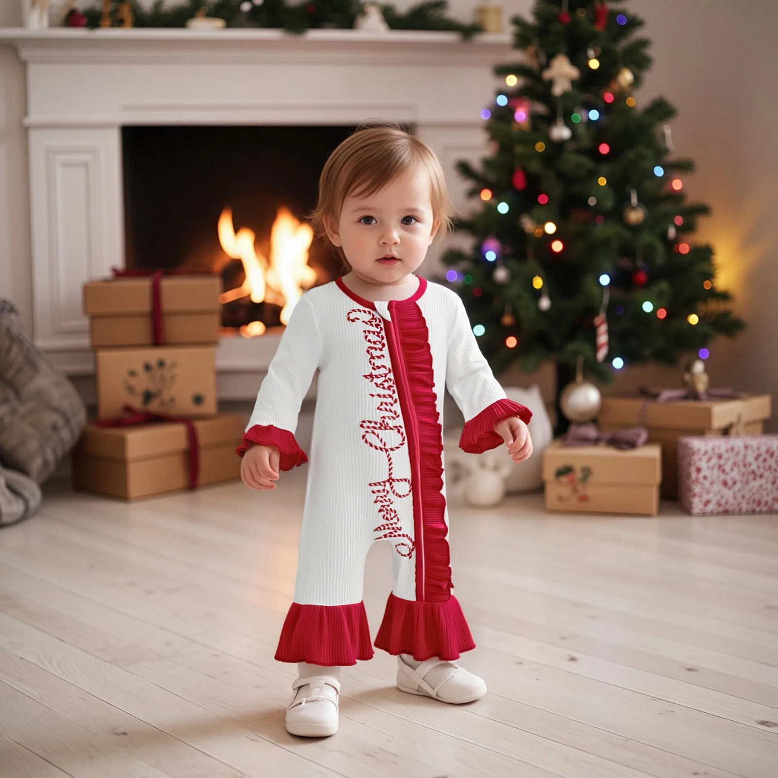 

Baby Girl Christmas Romper Fit Letter Embroidered Ruffled Trim Zip Up Crew Neck Long Sleeve Infant Jumpsuit Xmas Clothes