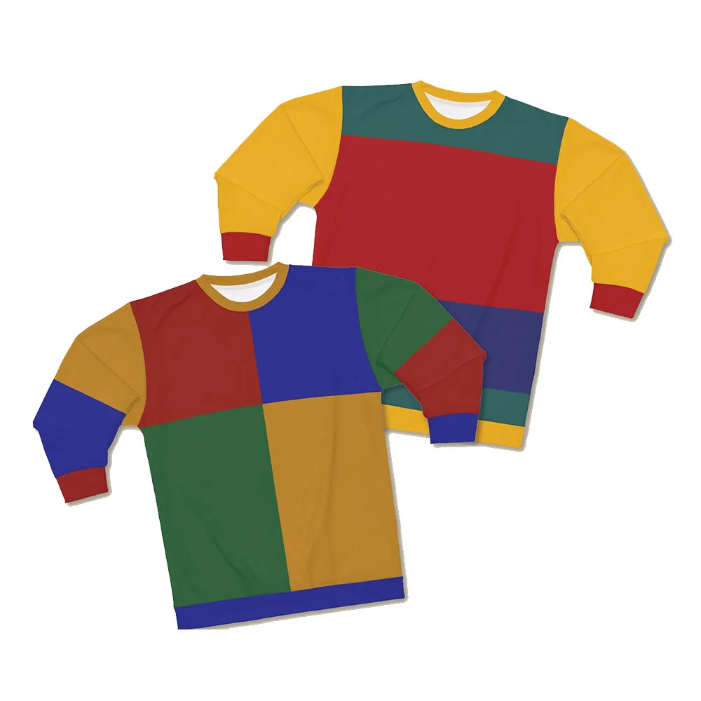 Unisex Color Block Long Sleeve Sweatshirt Men Women Retro Spliced Geometric Patchwork Crewneck Pullovers Loose Casual Streetwear