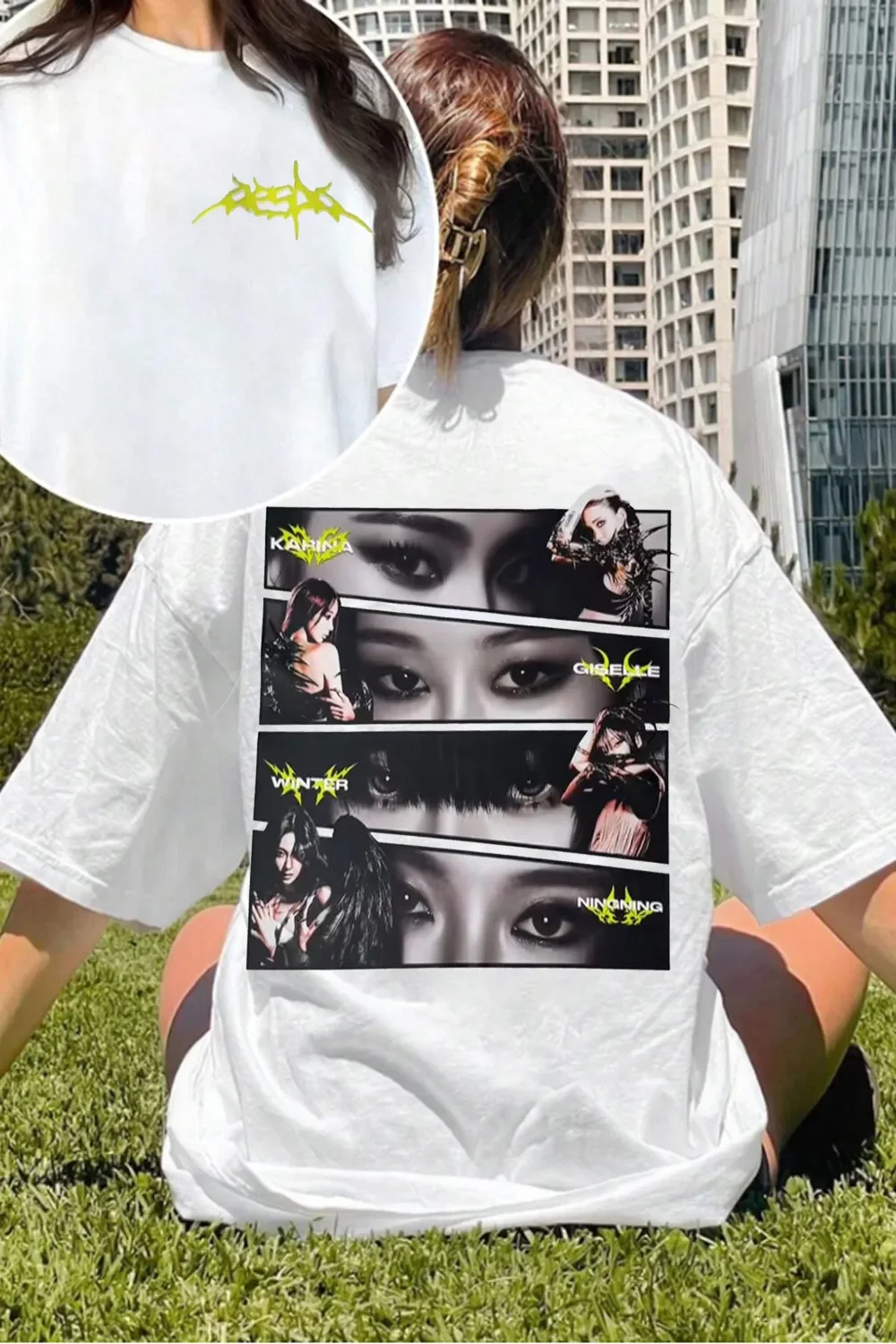2026 Aespa Group Collage Double Sided T-Shirt Kpop Karina Giselle Graphic Tee Unisex  Short Sleeve Fans Gift