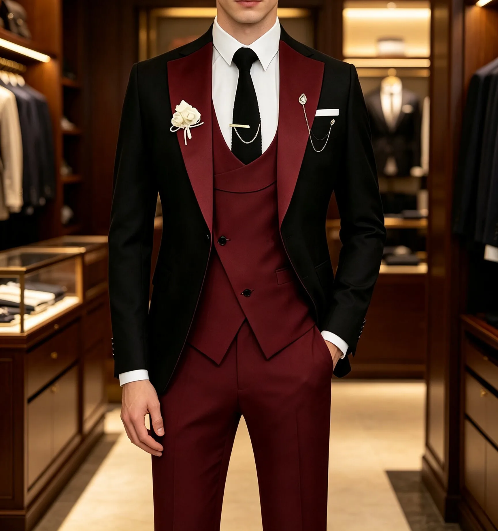 Herrenmode, lässiger 3-teiliger Anzug, Slim-Fit-Blazer, Weste, Hose, lange Hose, leicht, atmungsaktiv, für den Alltag, Reisen und Partys. – Detail 4