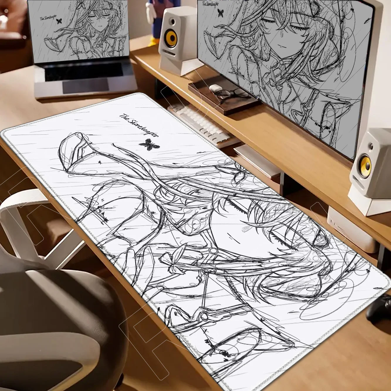 Line Drawing Black and White Wuthering Waves THE SHOREKEEPER Mouse Pad Anime Gaming Mouse Pad Table Pads Rubber Desktop XXL Mats