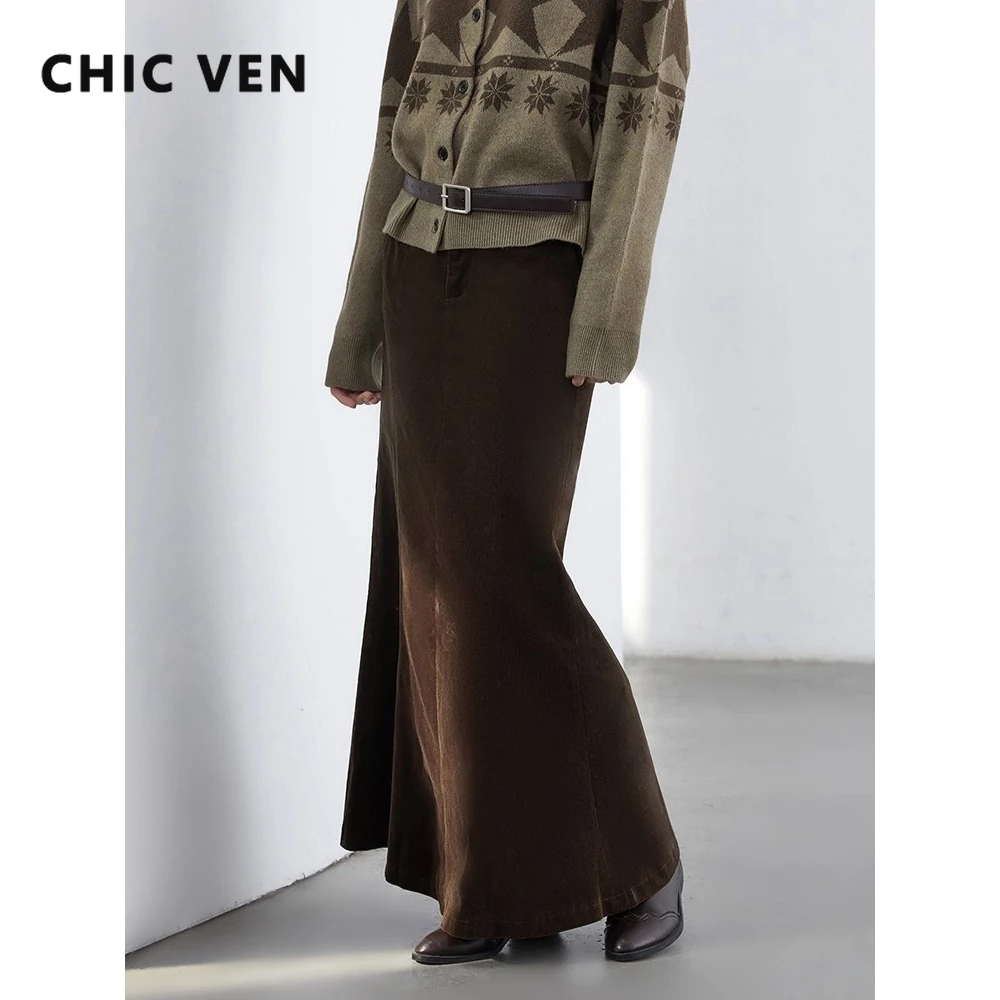 CHIC VEN Women Half Skirts New Solid High Waisted Corduroy Wrapped Long Fish Tail Skirt Slim Clothing Autumn Winter 2025