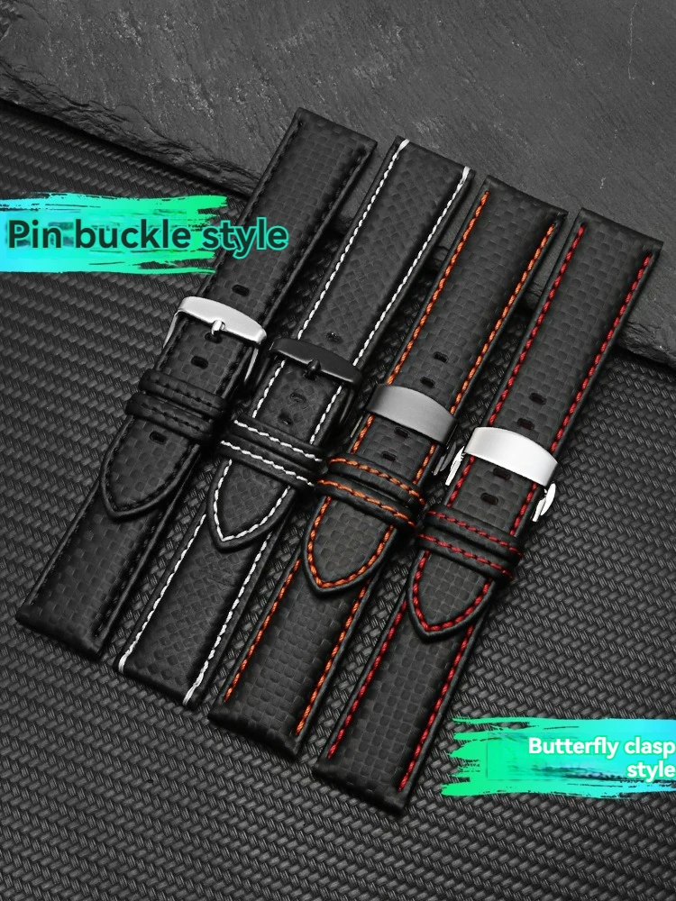 Genuine leather bracelet Carbon Fiber Pattern Watchband 20mm Black Red Orange stitching watchband 22mm Quick release watch strap