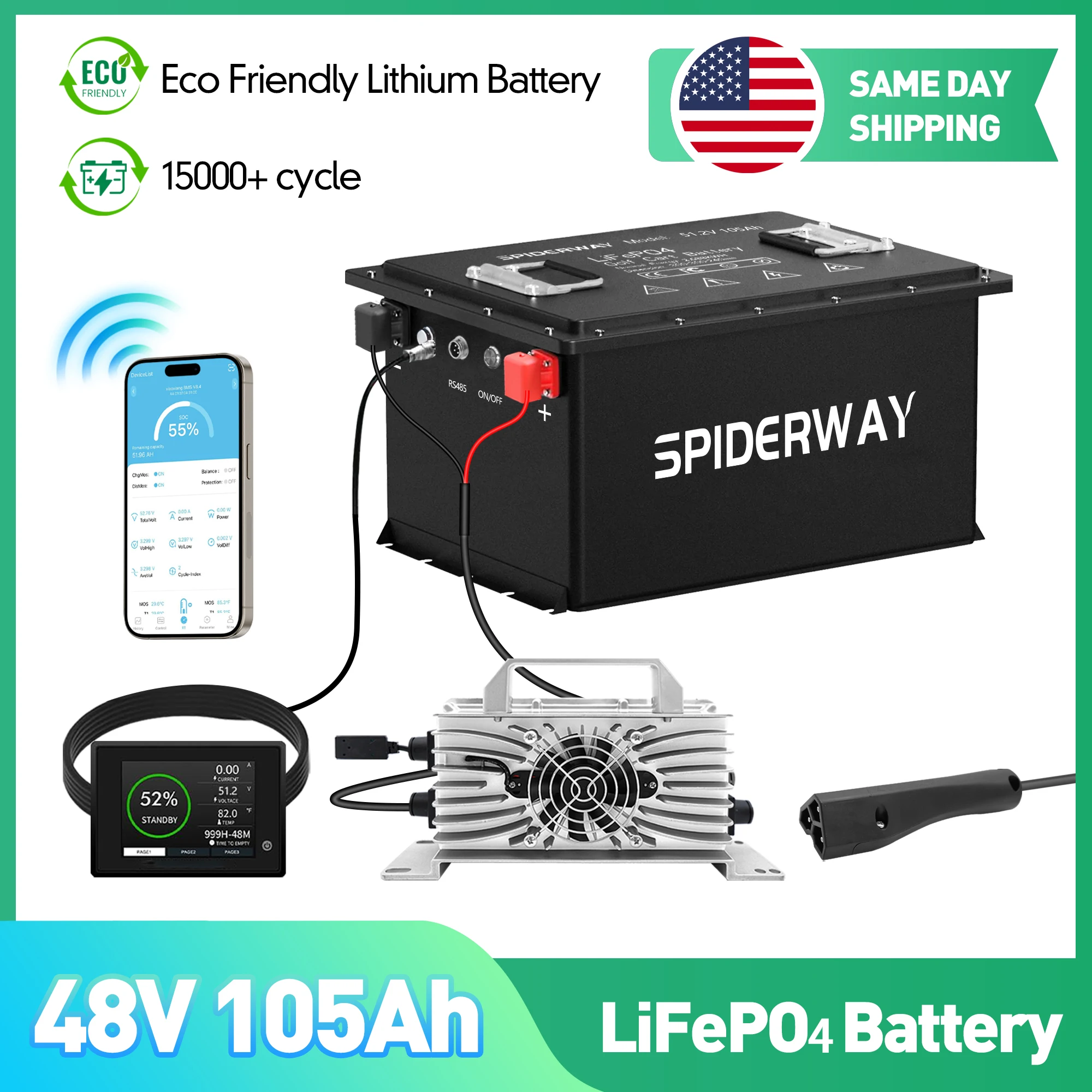 

48V Lithium Battery Golf Cart,48V 105AH Golf Cart Batteries with 25A Charger and LCD Touch Monitor, 200A BMS,for EZGO RXV TXT