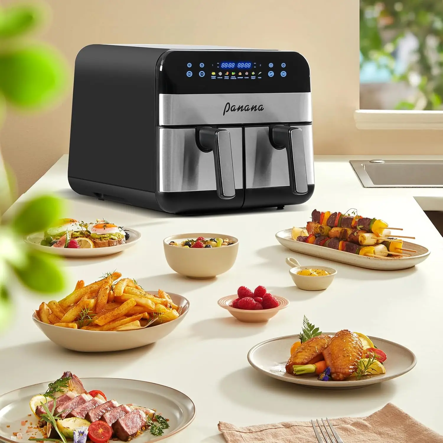 9,5 Qt luchtfriteuse met dubbele mand, 8 vooraf ingestelde functies voor familie en kinderen, perfect cadeau