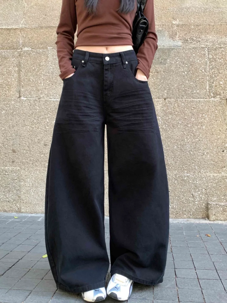 2025 Ropa Y2K Streetwear Black Pleated Casual Baggy Women's Jeans Pants For Woman Clothing Wide Leg Cotton Loose Long Trousers