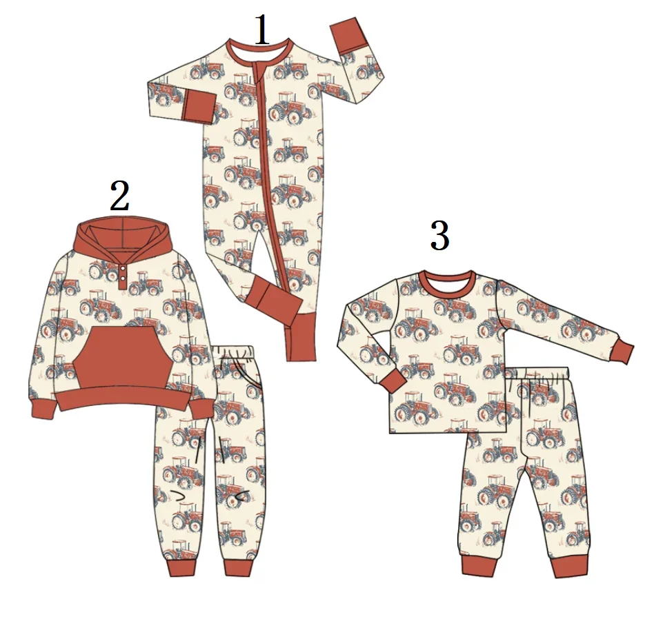 

Boutique Kids Clothes Boys Matching 3-piece Boys Outfit Set Hooded Sweatshirt Trousers Set Baby Boys Bodysuit Tractor Print