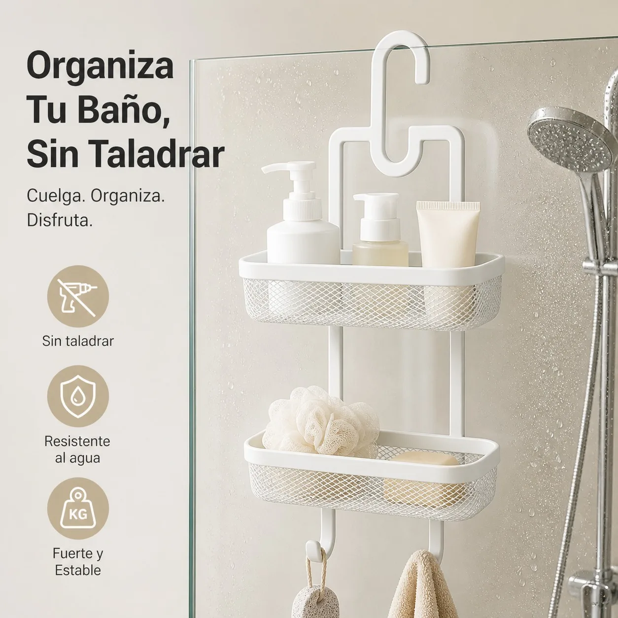 Étagère de rangement murale blanche en fer pour salle de bain, étagère de douche avec 2 paniers et crochets inférieurs, support de rangement pour shampoing et savon, dimensions 25x12x61 cm