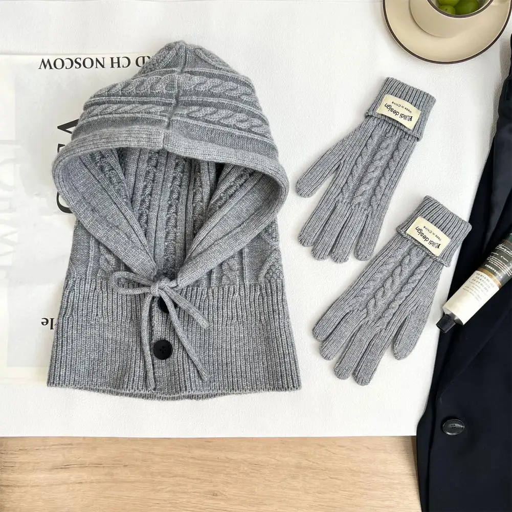 Winter Hat Gloves Set Thicken Balaclava Hat Knitting Gloves Set for Women Men Winter Solid Color Twist Texture Drawstring