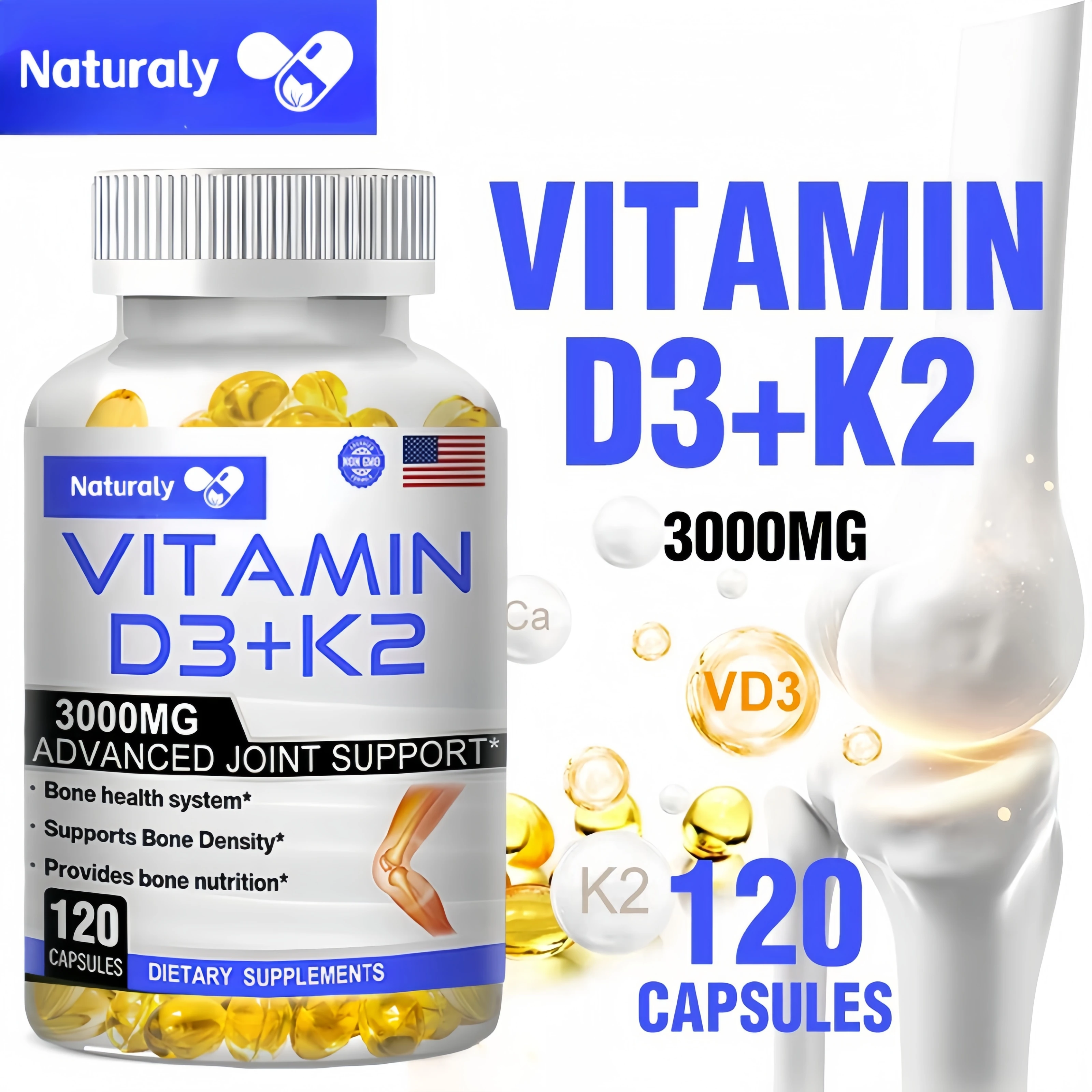 Vitamin D3+K2 Supplement to Support Joint, Bone and Immune Health Non-GMO formula easy-to-swallow vitamin D & K complex