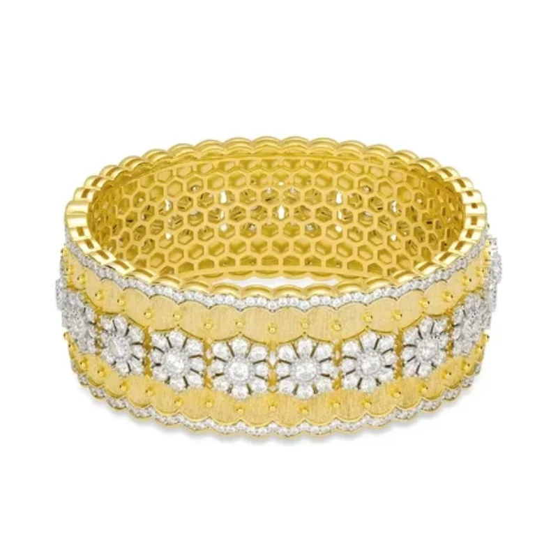 Bellux Italian Style 925 Silver Synthetic Zircon Bracelet Gold Plated Brushed Full Diamond Sunflower Hollow out Luxury Bangle