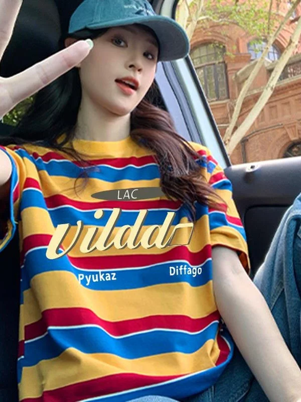 

Хлопковый свитер в стиле ретро с цветными полосками, летний трендовый повседневный топ для мужчин и женщин