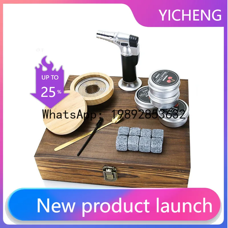 

Smoker wooden box set with different smoked flavors, wood chips, ice stone whiskey cocktails