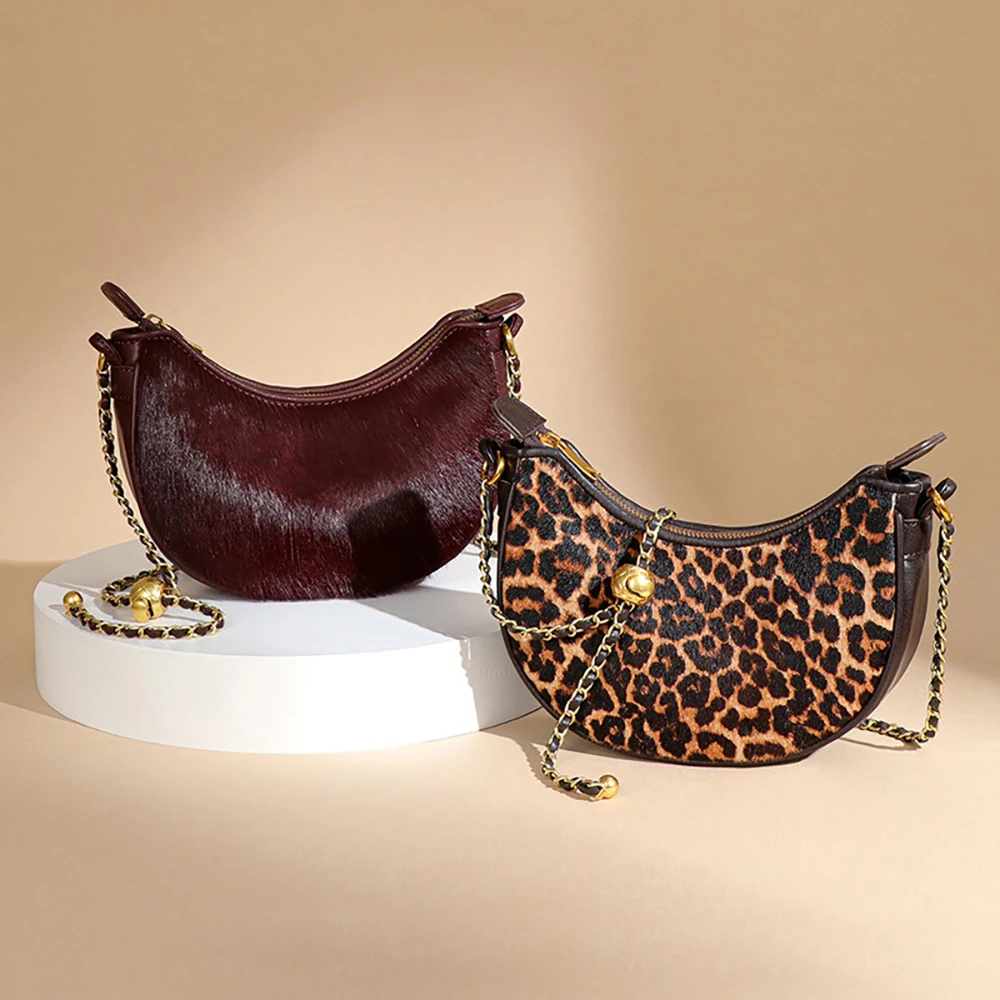 

Модная леопардовая сумка для пельменей из натуральной кожи с волосами пони, сумка через плечо в форме полумесяца, маленькая сумка через плечо с текстурой в стиле ретро