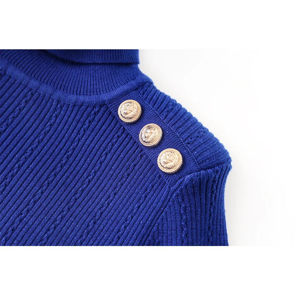 Winter Warm Pullovers Women Woolen Turtle Neck Casual Quality Royal Blue Knitting Sweater with Shoulder Pads