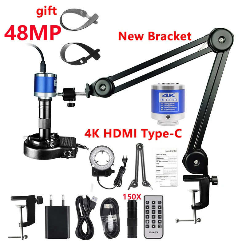 4K 48MP HDMI USB Microscoop met 360° Verstelbare Arm, 10X-200X Vergroting voor Elektronica Reparatie, Solderen, PCB Inspectie - EU/VS/MX/Brazilië Magazijn