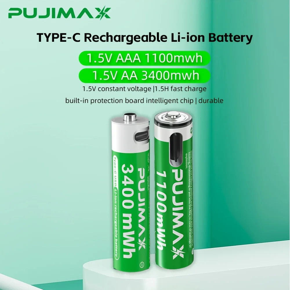 PUJIMAX 1.5 فولت AAA/AA 3400mWh 1100mWh بطارية قابلة للشحن USB نوع-C بطارية ليثيوم أيون قابلة للشحن للتحكم عن بعد الألعاب الكهربائية