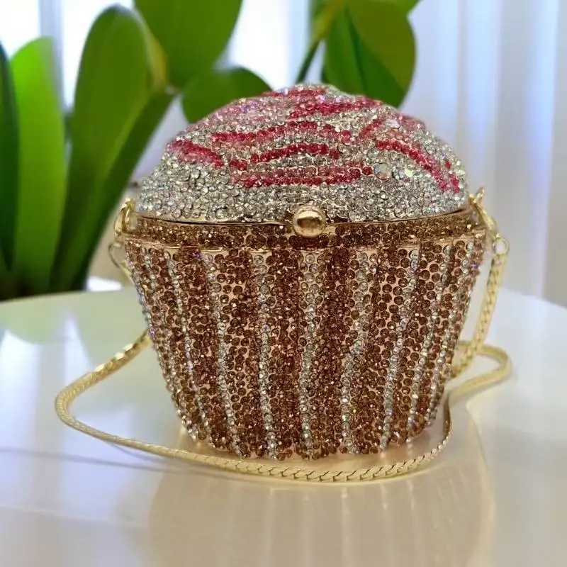 

Cute Paper Cup Pink Silver Big Cake Rhinestone Crystal Clutch Evening Bag Luxury Full Rhinestone Crystal Bag Ladies Clutch