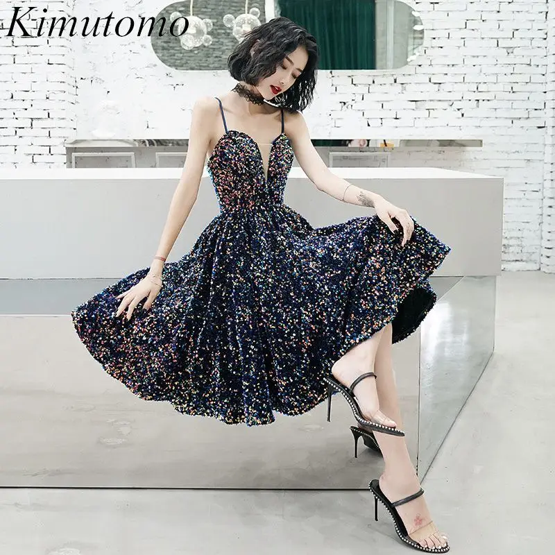 Kimutomo Heavy Industry Sequined Shiny Dress Sexy Low V Neck High Waist Evening Gown Celebrity Style High Street Dresses