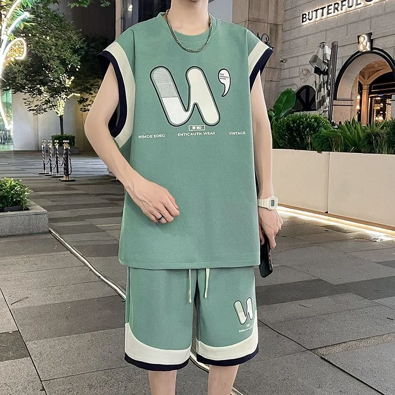 

Summer New Fashion Trend Sports Fitness Vest Shorts Suit Men's Casual Relaxed Breathable Large Size High Quality Two-Piece Set
